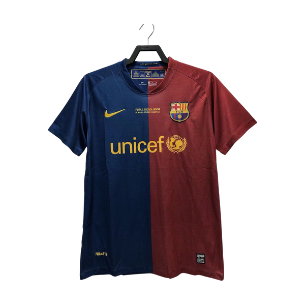 Camisa Barcelona 2009 final de Champions league en color azul y granate, con logo de UNICEF y emblema del club.