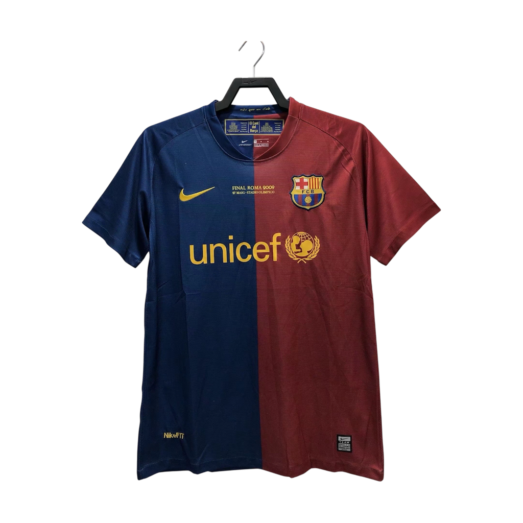 Camisa Barcelona 2009 final de Champions league en color azul y granate, con logo de UNICEF y emblema del club.